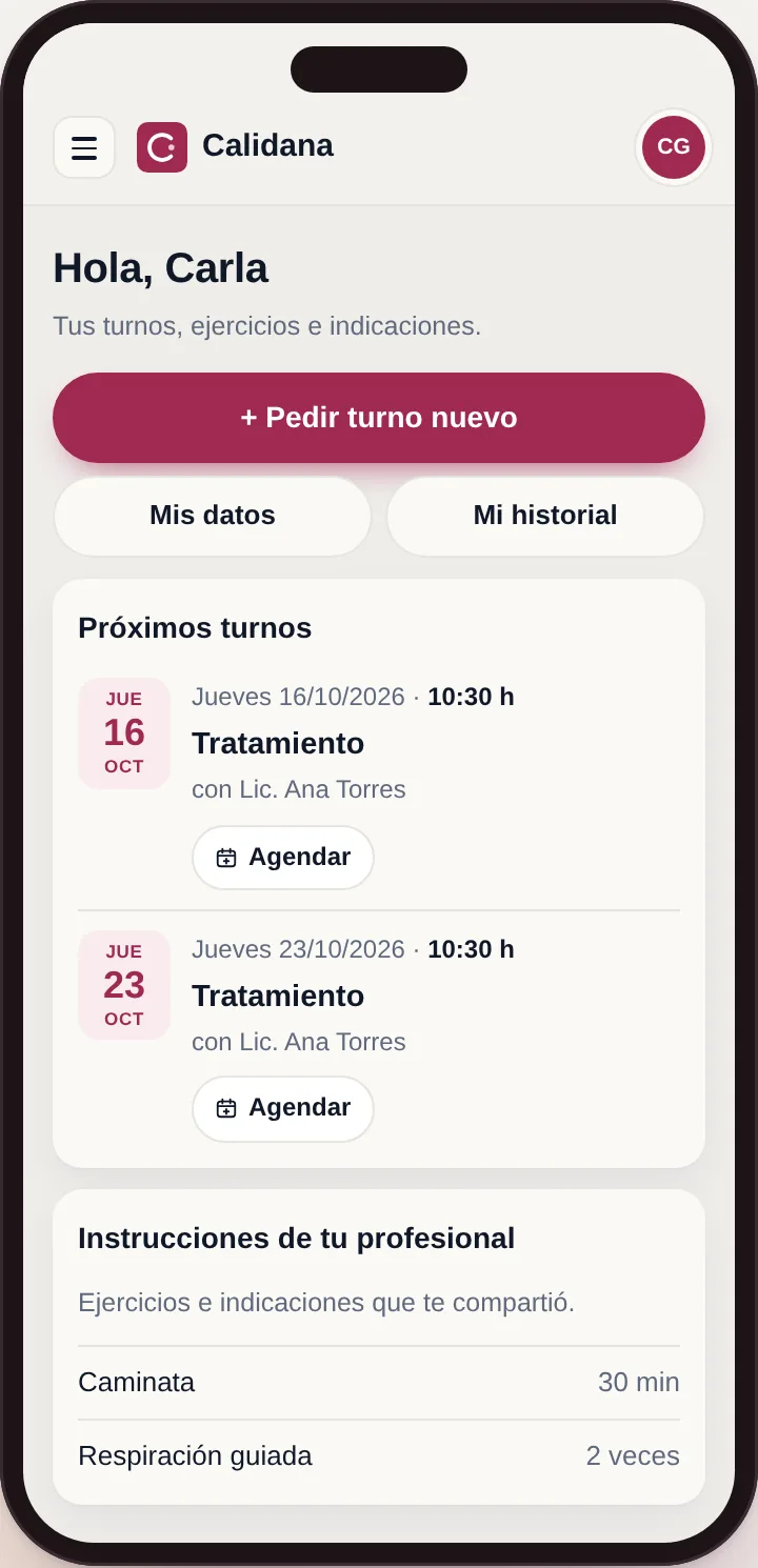 Link personal del paciente en Calidana con el botón para pedir un turno nuevo y sus próximos turnos