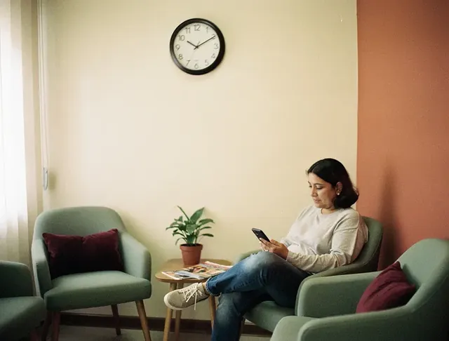 Sala de espera tranquila de un consultorio con un paciente esperando su turno
