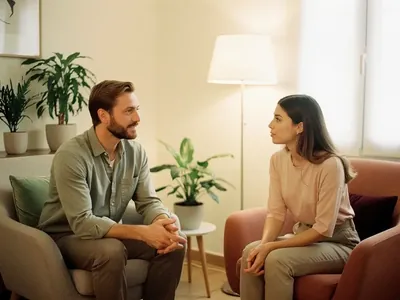 Psicóloga y paciente conversan sentados frente a frente en un consultorio con plantas