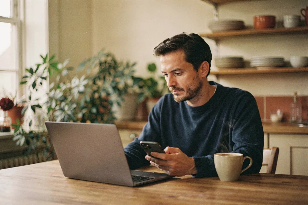 Profesional de la salud haciendo las cuentas del mes en su casa con la notebook y el celular