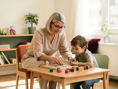 Psicopedagoga acompaña a un nene que arma un juego de bloques de colores