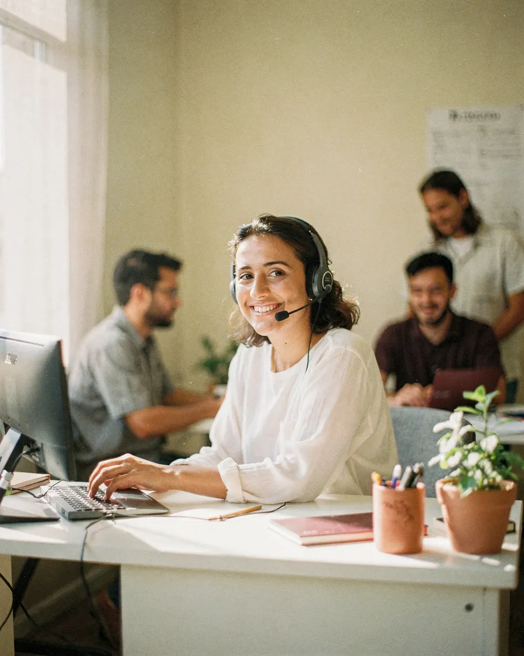 Persona con auriculares responde consultas desde una computadora en una oficina