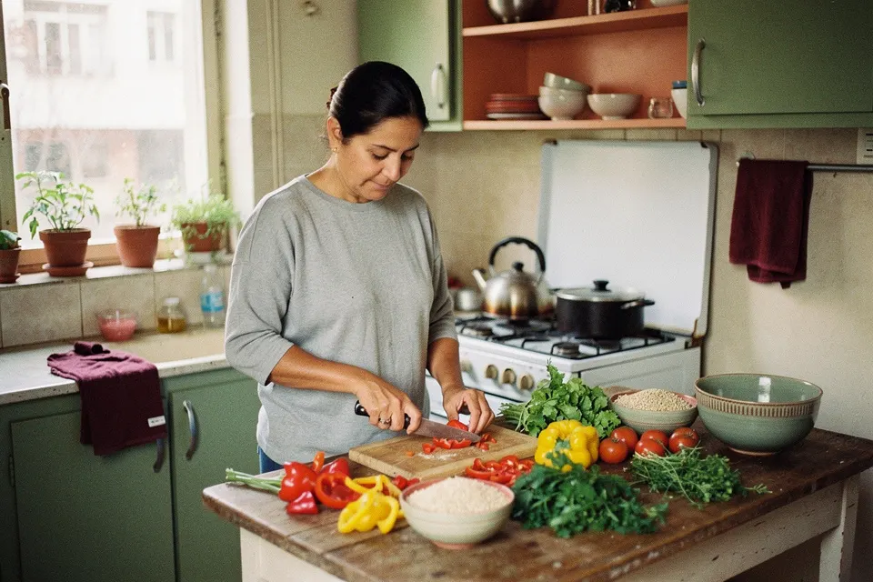 Mujer prepara verduras frescas en la cocina de su casa