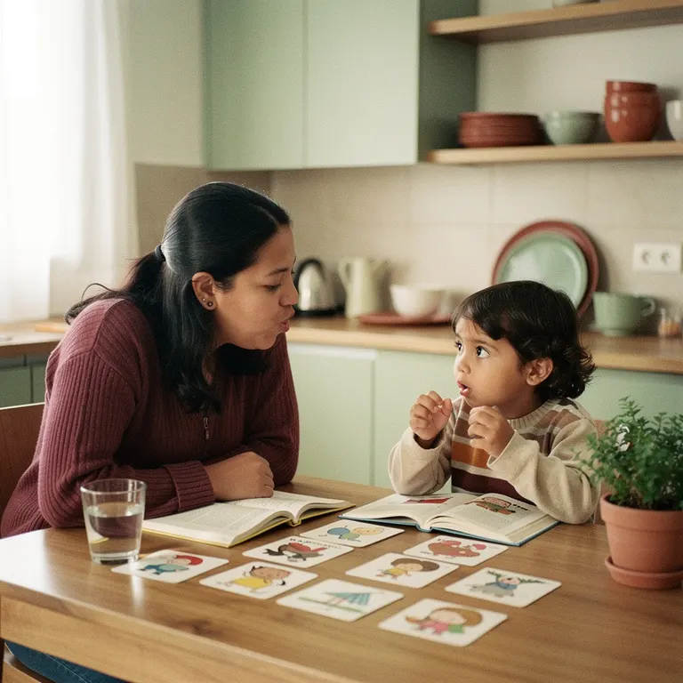Madre practica en casa con su hijo, con tarjetas con dibujos sobre la mesa de la cocina