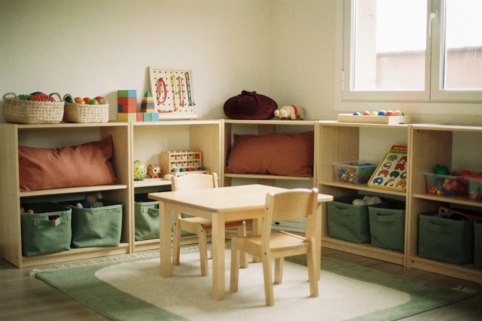 Sala de terapia ocupacional con mesa baja, sillas chicas y estantes con materiales de trabajo