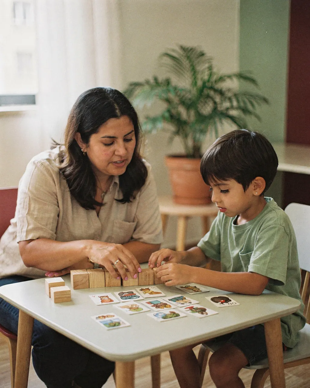 Psicopedagoga trabaja con un nene en una mesa con bloques de madera y tarjetas