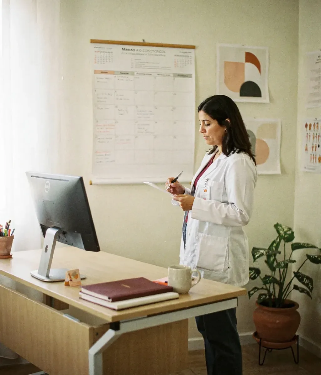 Profesional de la salud revisa los turnos del día de pie junto a su escritorio