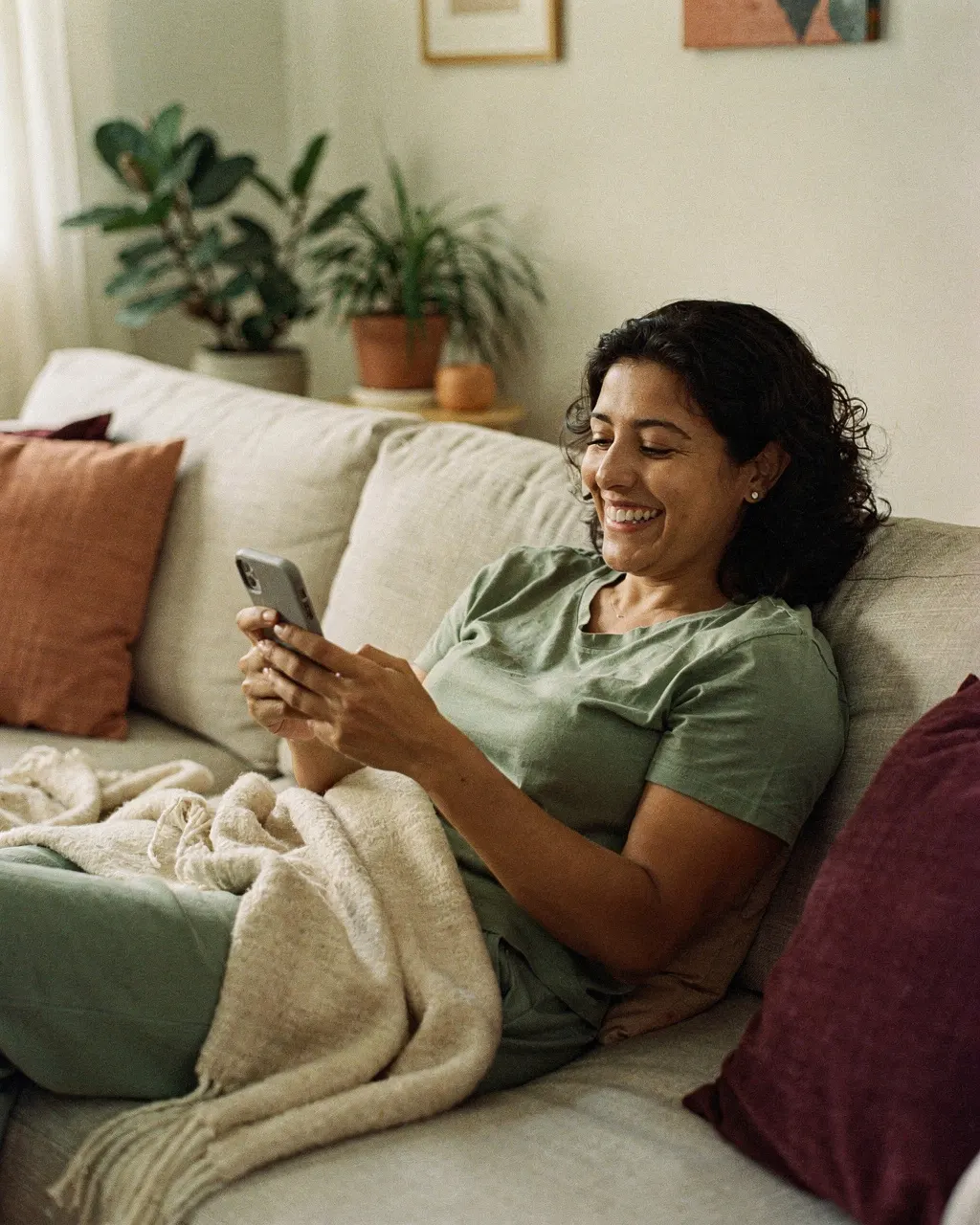Paciente lee sonriente un mensaje en el celular, recostada en el sillón de su casa