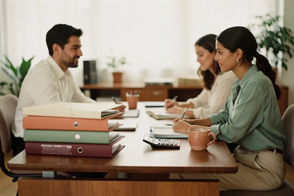 Equipo de un consultorio repasando los cobros del mes