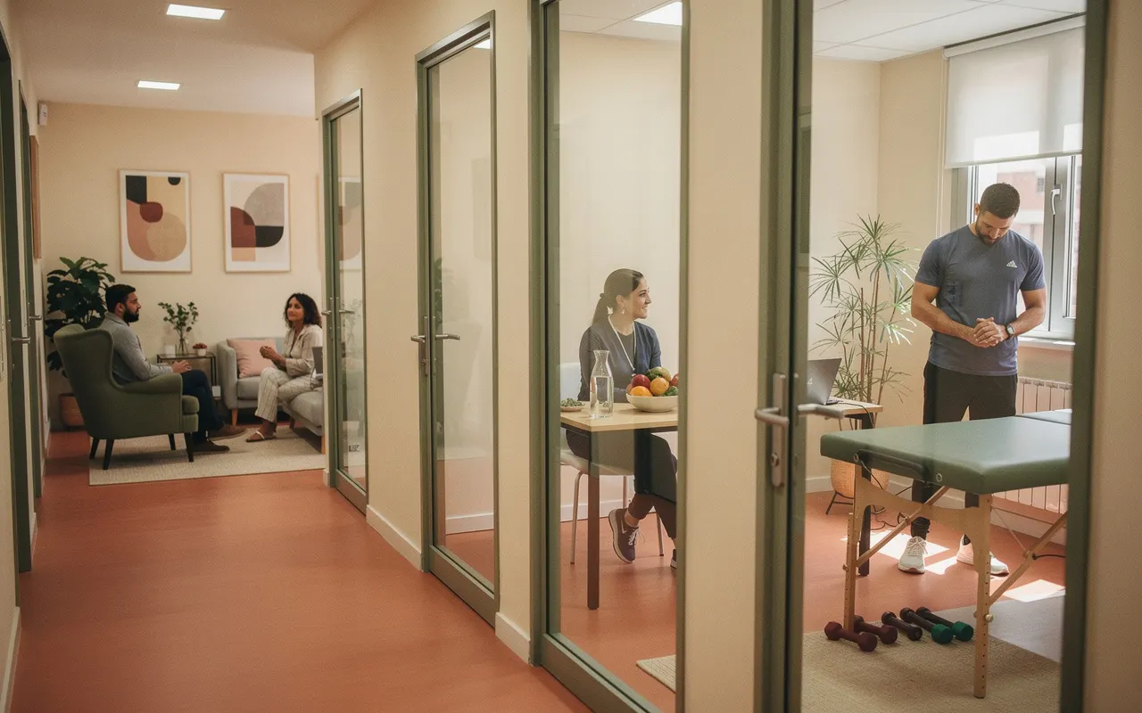 Pasillo de un centro de salud con consultorios vidriados donde distintos profesionales atienden a sus pacientes