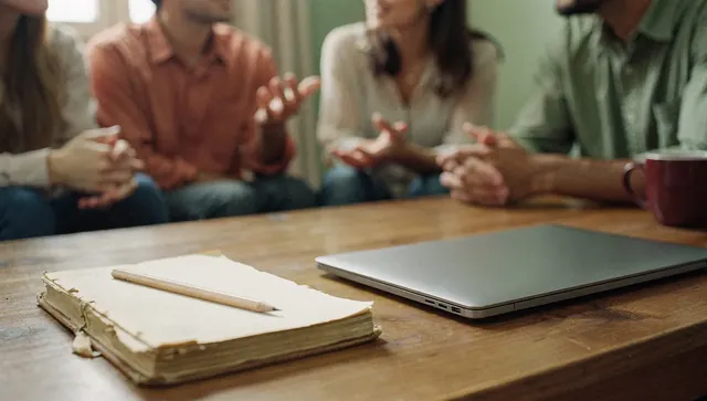 Una agenda de papel gastada y una notebook cerrada sobre la mesa, con un equipo conversando alrededor
