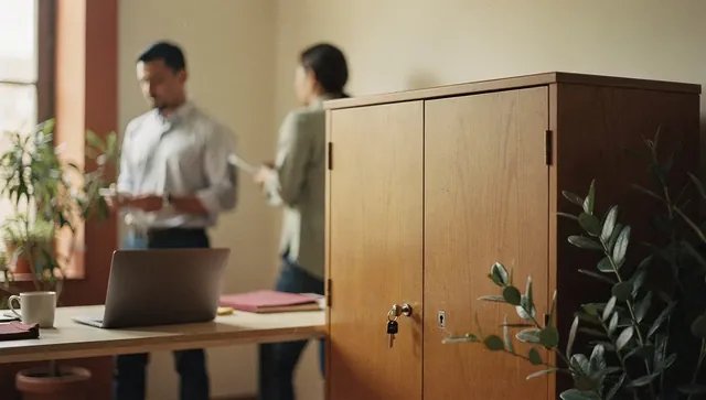 Armario de archivo cerrado con llave en un consultorio, con el equipo trabajando al fondo