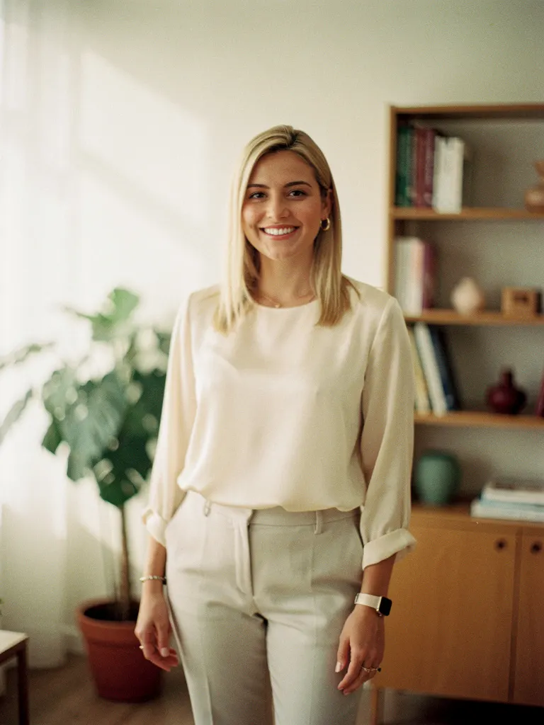 Profesional de la salud joven, sonriente, de pie en su consultorio