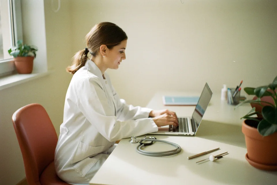 Médica revisa una historia clínica en la notebook entre paciente y paciente