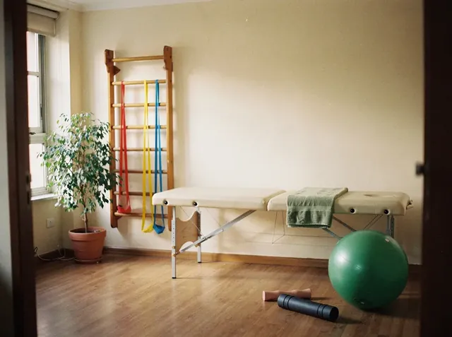 Consultorio de kinesiología con camilla, espaldera de madera con bandas elásticas de colores, pelota de pilates verde y un rodillo en el piso, junto a una ventana con una planta