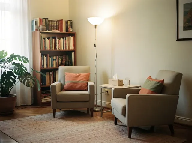 Consultorio de psicología con dos sillones de tela enfrentados, una mesita con pañuelos y un vaso de agua, biblioteca y lámpara de pie