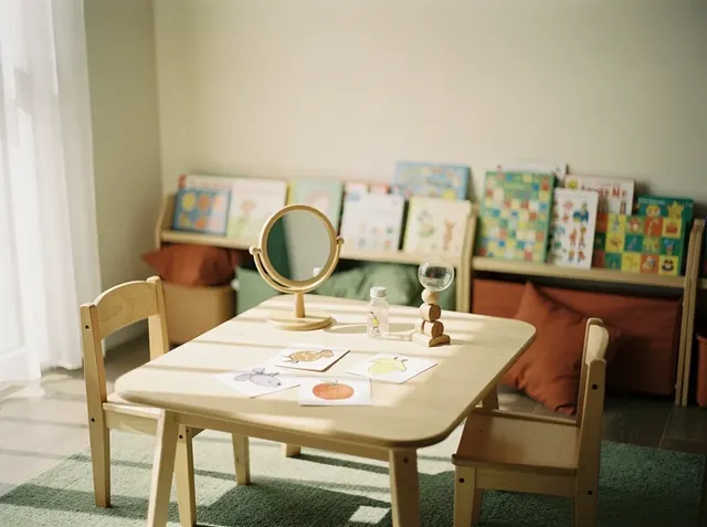 Sala de fonoaudiología infantil con mesa baja, dos sillas chicas, un espejo de mesa, tarjetas con dibujos y libros ilustrados en un estante