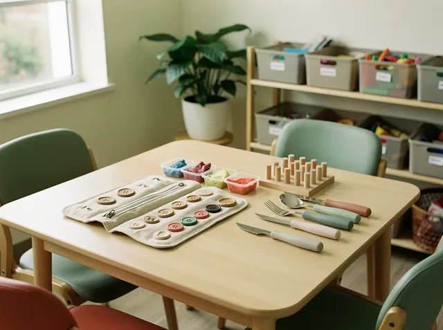 Mesa de terapia ocupacional con un panel de botones y cierre para practicar, cubiertos con mangos engrosados, un tablero de clavijas de madera y cajas con materiales en los estantes