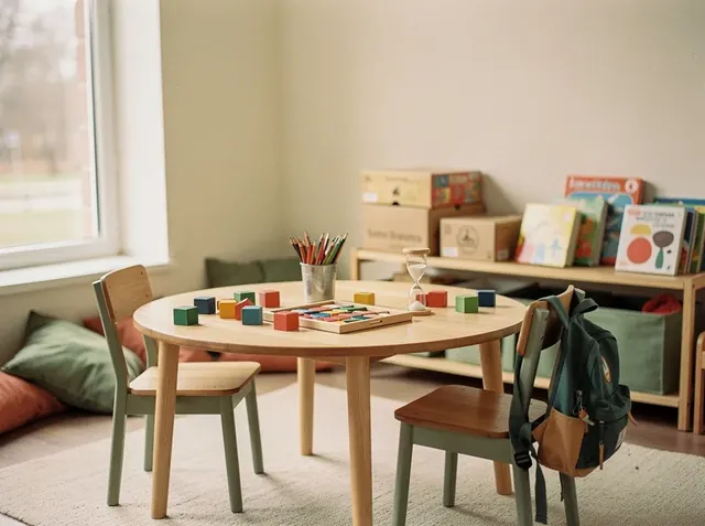 Sala de psicopedagogía con mesa redonda baja, bloques de colores, lápices, un reloj de arena, juegos en el estante y una mochila colgada de una silla