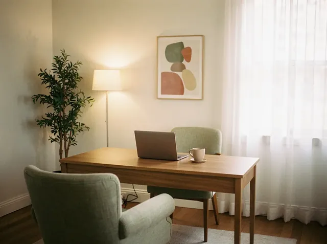 Consultorio con escritorio de madera, notebook y taza, un sillón para el profesional y otro para el paciente, lámpara de pie, un cuadro y cortinas claras