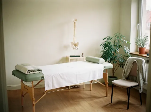 Consultorio de osteopatía con camilla cubierta con una sábana blanca y una toalla doblada, un modelo de columna vertebral sobre una mesita, una planta y una silla con un saco colgado