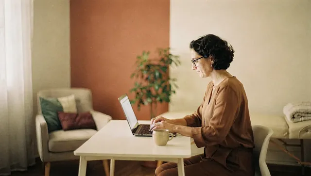 Psicóloga escribiendo la evolución de una sesión en la historia clínica desde su notebook en el consultorio